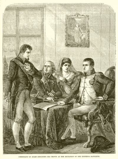 Ferdinand av Spania som fratrer sin krone etter diktatet til keiser Napoleon av English School