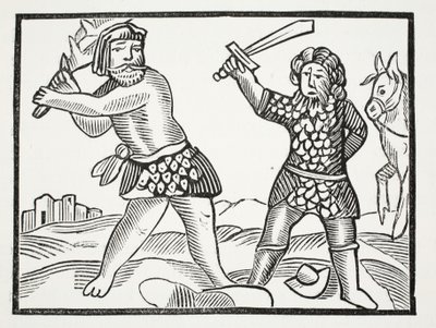 Ferragus reiser en mektig hær og beleirer byen Acquitain, illustrasjon fra Chap-books of the Eighteenth Century av John Ashton, pub. 1882 av English School