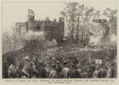 Festival i Heath Old Hall, Wakefield, til syv tusen barn og lærere, som synger den gamle hundre salmen (gravering) av English School
