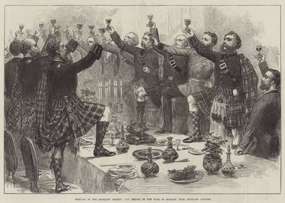 Festival of the Highland Society, the Health of the Duke of Rothsay, med Highland Honours (gravering) av English School