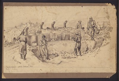Feltkjøkken inn til festningen Nis, Serbia, Serbo-Bulgarsk krig, 28. november 1885 (tegning) av English School