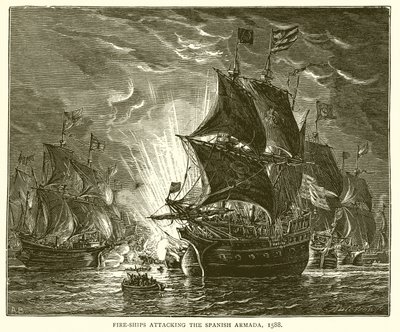 Brannskip som angriper den spanske armadaen, 1588 av English School