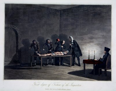 Inkvisisjonens første grad av tortur, gravert av L.C. Stadler, pub. av Cadell & Davies, London, ca. 1813 (farget gravering) av English School