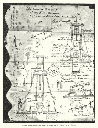 Første tegning av Steam Hammer, 24. november 1839 (gravering) av English School