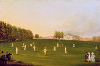 Første store cricketkamp spilt av medlemmer av Royal Amateur Society på Hampton Court Green, 3. august 1836, 1836 av English School