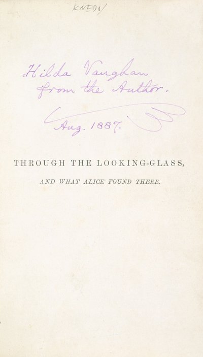 Første utgave av Lewis Carrolls Alice Through the Looking Glass, med forfatterens inskripsjon til Hilda Vaughn, 1887 av English School