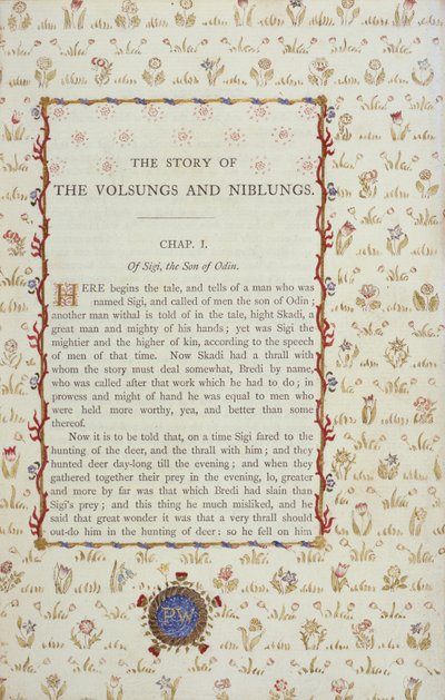 Første side fra The Story of The Volsungs and Niblungs, ca. 1870 av English School