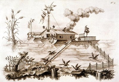 Fiske med skarv ved bruk av en vannbåt og inngjerdet innhegning, illustrasjon fra 