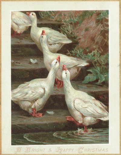 Fünf Gänse auf Stufen, Weihnachtskarte von English School