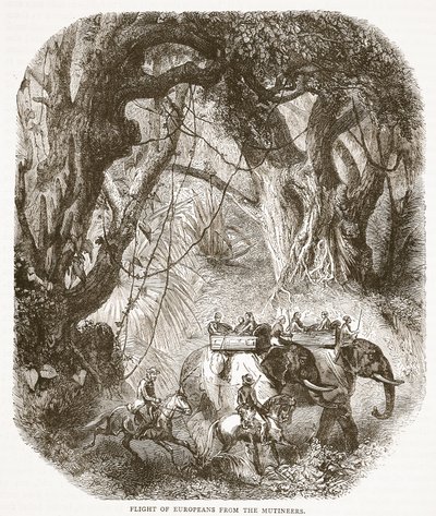Flight of Europeans from the Mutineers, illustrasjon fra Cassells Illustrated History of England av English School