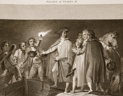 Flight of James 2nd, illustrasjon fra David Humes The History of England, pub. av R. Bowyer, London, 1812 av English School