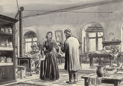 Florence Nightingale jobber på sykehuset i Scutari (gouache på papir) av English School