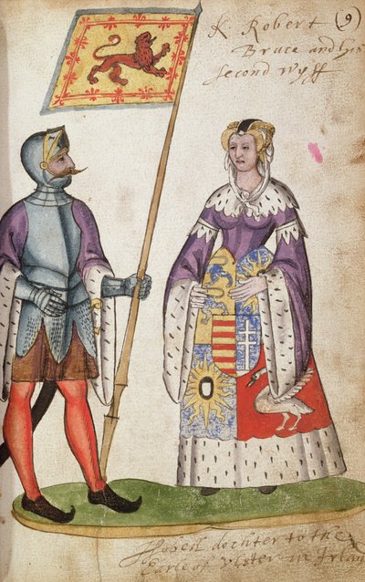 Fol.9 Robert the Bruce og hans andre kone, Elizabeth de Burgh, fra Seton Armorial, 1591 av English School