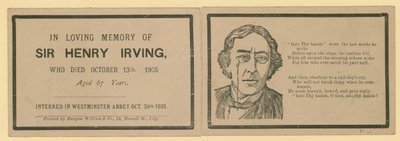 Foldekort som noterer bortgangen til Sir Henry Irving, skuespiller, som døde 13. oktober 1905 av English School