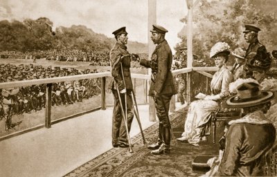 For tapperhet: Kong George dekorerte menig Thomas Hughes fra Connaught Rangers med V.C., i Hyde Park, 2. juni 1917, 1914-19 av English School