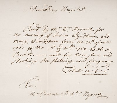 Kvittering fra Foundling Hospital, signert av William Hogarth av English School