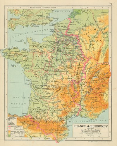 Frankrike og Burgund som viser de føydale herredømmene rundt år 1032 e.Kr. (fargelitografi) av English School