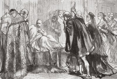 Francis I på dødsleiet, illustrasjon fra The History of Protestantism av James Aitken Wylie (1808-1890), pub. 1878 av English School