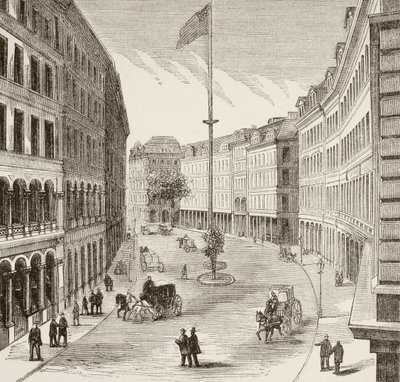 Franklin Street, Boston, Massachusetts på 1870-tallet (litho) av English School