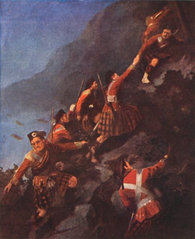 Fraser Highlanders stormer høydene i Quebec (fargelitografi) av English School
