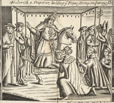 Frederick I, Emperor, holder ye Popes stigbøylen på feil side, illustrasjon fra Acts and Monuments av John Foxe, niende utgave, pub. 1684 av English School
