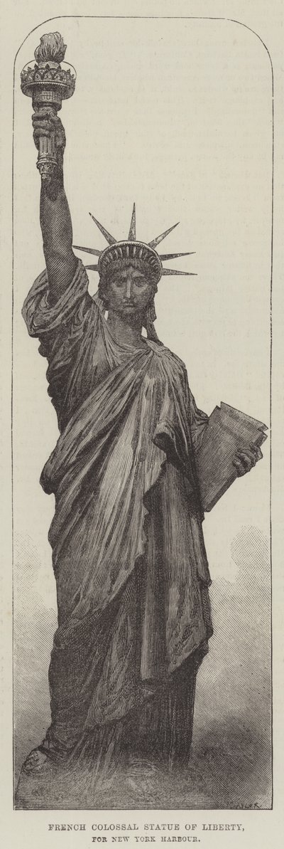 Fransk Colossal Frihetsgudinnen, for New York Harbor (gravering) av English School