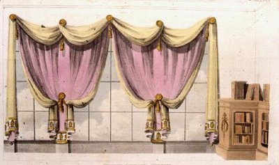 French Library Curtain, plate 41 fra Ackermanns Repository of Arts, utgitt 1809-28 (farge litho) av English School