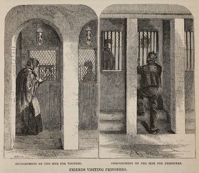Venner som besøker fanger, illustrasjon fra The Criminal Prisons of London og Scenes from Prison Life av Henry Mayhew og John Binny, pub. 1862 av English School