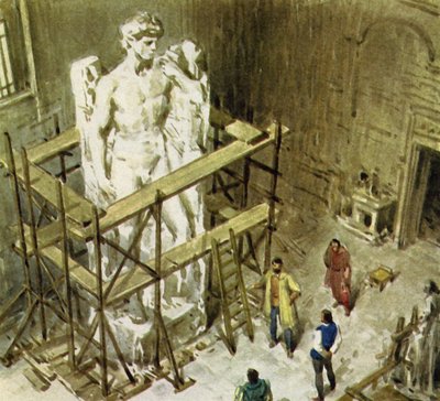 Fra en enorm marmorblokk skapte Michelangelo David (fargelitografi) av English School