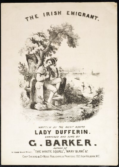 Forside av musikkpartitur til The Irish Immigrant, skrevet av Lady Dufferin, komponert av G. Barker av English School