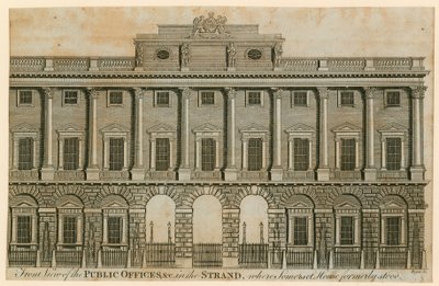 Forfra av de offentlige kontorene i Strand der Somerset House tidligere sto av English School
