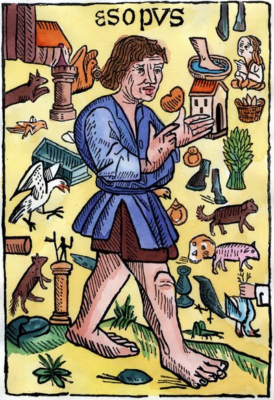 Frontispice av ""Fables"" av Aesop, utgaver trykt i England av William Caxton (1422? - 1491). av English School