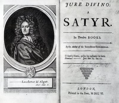 Frontispice og tittelside for Jure Divino: A Satyr av Daniel Defoe, utgitt 1706 av English School