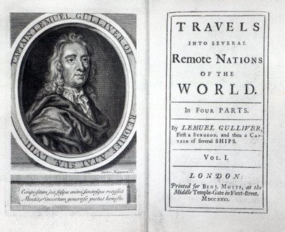 Frontispice og tittelside til Gullivers reiser av Jonathan Swift, 1726 av English School