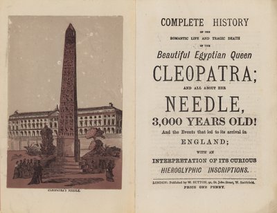 Frontispice og tittelside for fullstendig historie om det romantiske livet og den tragiske døden til den vakre egyptiske dronningen Cleopatra av English School