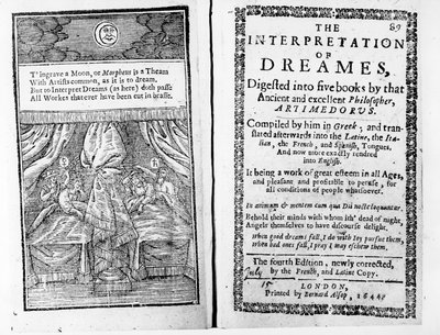 Frontispice og tittelside til The Interpretation of Dreams av Artemidorus, engelsk utgave utgitt i 1644 av English School