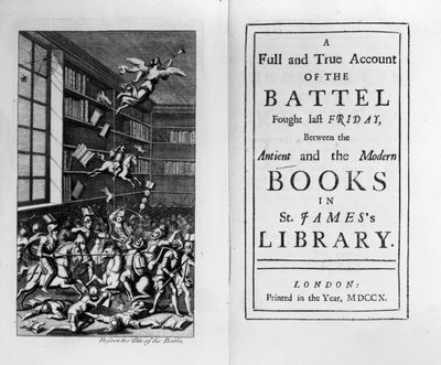 Frontispice og tittelside til The Battle of the Books av Jonathan Swift, utgitt i 1710 av English School