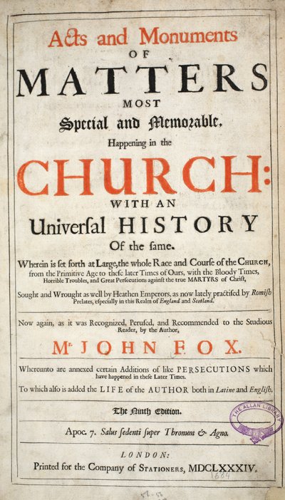 Frontispice , fra Acts and Monuments av John Foxe, niende utgave, pub. 1684 av English School