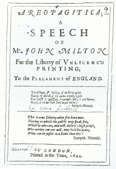 Frontispice av Areopagitica, en tale fra John Milton (1608-74) pub. i 1644 av English School