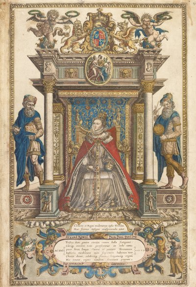 Frontispice av Atlas of the Countries of England and Wales av Christopher Saxon, London 1579 (håndfarget gravering) av English School