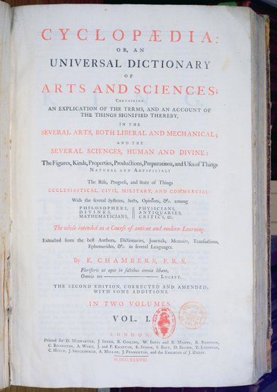 Frontispice of Encyclopaedia: An Universal Dictionary of Arts and Sciences, Vol. I, av Ephraim Chambers, London, 1738 (trykt papir) av English School