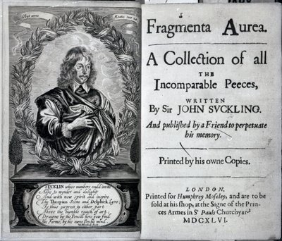Frontispice of Fragmenta Aurea, A Collection of all the Incomparable Peeces skrevet av Sir John Suckling, utgitt i 1646 av English School