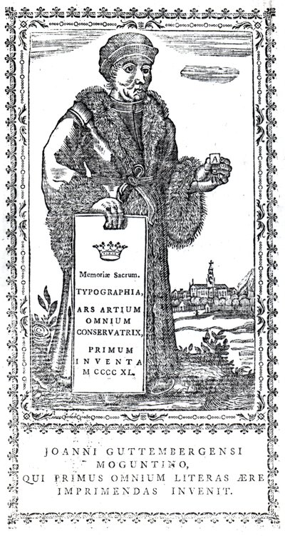 Frontispice av Johannes Gutenberg fra A Concise History of the Origin and Progress of Printing av Philip Luckombe, utgitt 1770 av English School
