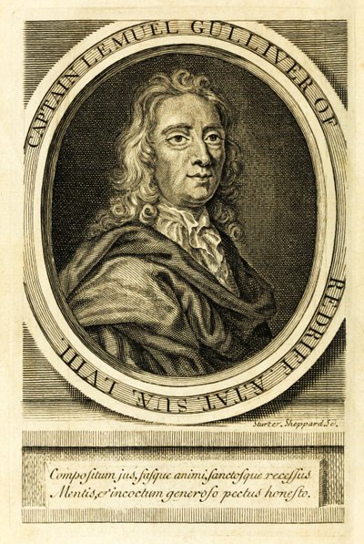 Frontispice-portrett av kaptein Lemuel Gulliver fra "Reiser til flere avsidesliggende nasjoner i verden" bedre kjent som "Gullivers reiser" av Jonathan Swift av English School