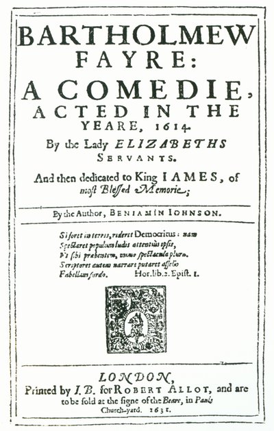 Frontispice til Bartholomew Fayre: En komedie av Benjamin Jonson (15723-1637) 1631 av English School