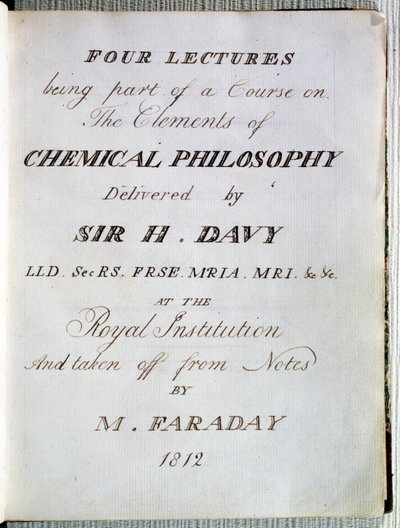 Frontispice til fire forelesninger om elementene i kjemisk filosofi av Sir H.Davy (1778-1829) ved Royal Institution, hentet fra notater av Michael Faraday (1791-1867) 1812 av English School