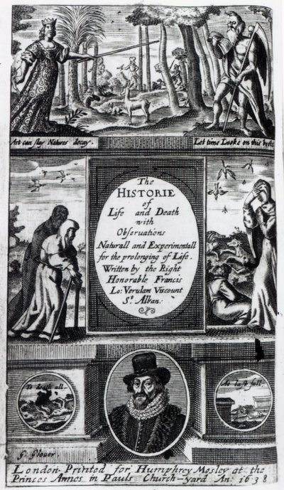 Frontispice til Francis Bacons The History of Life and Death , utgitt i 1638 av English School