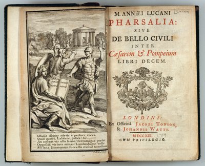Frontispice til Pharsalia eller The Civil War Between Caesar and Pompey av Marcus Annaeus Lucan (AD 39-65) gravert av J. Cole, 1719 av English School