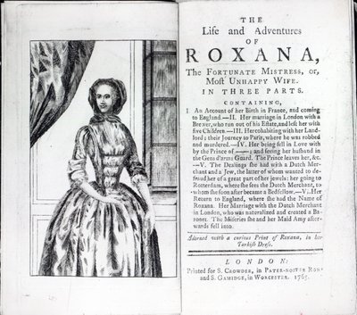 Frontispice til Roxana, The Fortunate Mistress av Daniel Defoe, utgave utgitt i 1765 (trykk) av English School