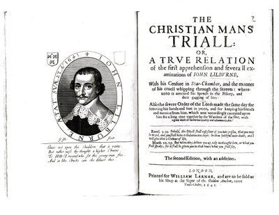 Frontispice til The Christian Mans Trial av John Lilburne (ca. 1614-57) 1641 av English School
